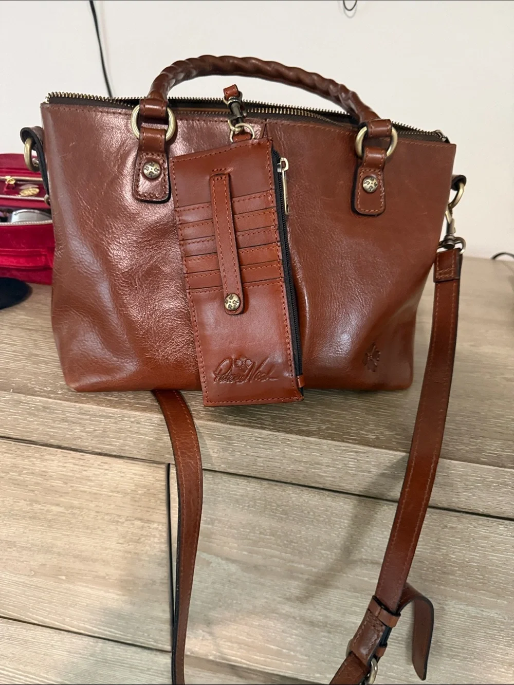 Patricia Nash Cognac Brown Leather Braided-Handle Satchel with Card Wallet